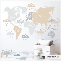 Mapa infantil de vinilo decorativo, nubes y colores pastel, Modelo MP31 en internet