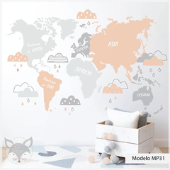 Mapa infantil de vinilo decorativo, nubes y colores pastel, Modelo MP31 - tienda online