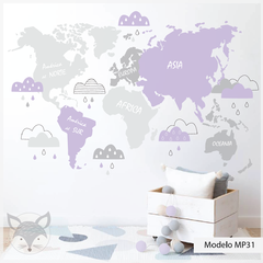 Imagen de Mapa infantil de vinilo decorativo, nubes y colores pastel, Modelo MP31