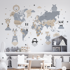 Decorative kids vinyl map, neutral animal tones, Model MP33 - buy online