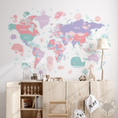 Mapa infantil de vinilo decorativo, océanos y criaturas marinas tonos pastel, MP35 en internet