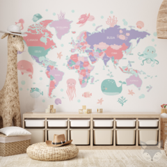 Mapa infantil de vinilo decorativo, océanos y criaturas marinas tonos pastel, MP35 - tienda online