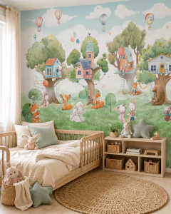 Mural Infantil Bosque Encantado con Casitas en Árbol, Conejos, Zorros y Globos Aerostáticos MUI01