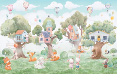 Mural Infantil Bosque Encantado con Casitas en Árbol, Conejos, Zorros y Globos Aerostáticos MUI01 - comprar online