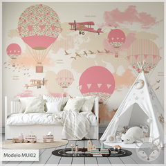 Mural Vinílico Infantil Globos Aerostáticos Rosa, Modelo MUI02