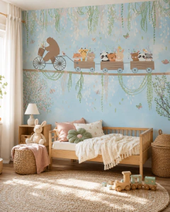 Mural Infantil Tren de Animales con Oso, Zorro, Jirafa, Panda y Flores MUI04