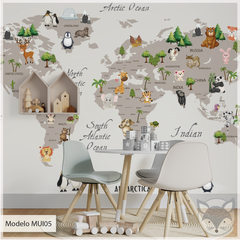 Mapa Mundial Infantil con Animales en Vinilo, Modelo MUI05