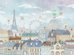 Mural Infantil París con Torre Eiffel, Casitas, Globos Aerostáticos y Gatitos MUI06 - comprar online