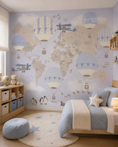 Mural Infantil Globos Aerostáticos Azul y Beige, Modelo MUI07