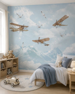 Mural Infantil Aviones Vintage con Montañas, Nubes, Gaviotas y Cielo Celeste MUI08