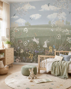 Mural Infantil Campo flores mariposas y pajaros Modelo MUI105
