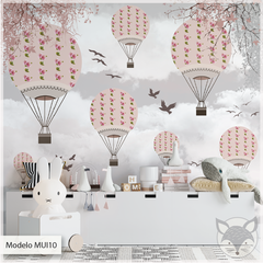 Mural Decorativo Infantil Globos Rosas con Pájaros, Modelo MUI10