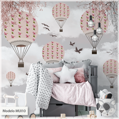 Mural Decorativo Infantil Globos Rosas con Pájaros, Modelo MUI10 - comprar online