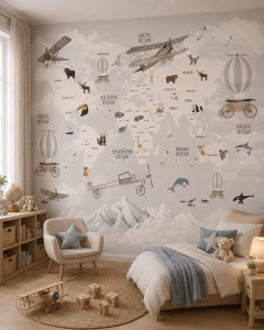 Mapa Infantil de Animales, Vinilo Decorativo de Mundo - Modelo MUI12