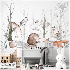 Enchanted Forest Watercolor Mural, Kids Wall Vinyl - Model MUI13