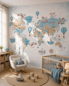 Mapa Mundo Infantil Viajes, Mural de Vinilo Decorativo - Modelo MUI14