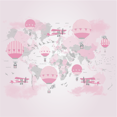 Mural infantil Mapa Infantil Rosa con Globos Aerostáticos - Modelo MUI21 - Little Dreamer Deco - vinilos decorativos infantiles