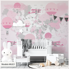 Mural infantil Mapa Infantil Rosa con Globos Aerostáticos - Modelo MUI21