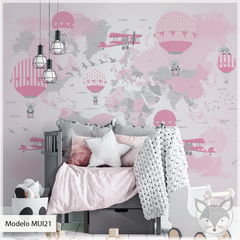 Mural infantil Mapa Infantil Rosa con Globos Aerostáticos - Modelo MUI21 - comprar online