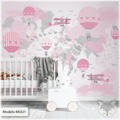 Mural infantil Mapa Infantil Rosa con Globos Aerostáticos - Modelo MUI21 en internet