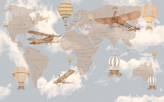 Mural infantil Mapa del Mundo Beige con Aviones y Globos - Modelo MUI23 - tienda online