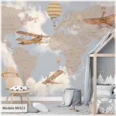 Mural infantil Mapa del Mundo Beige con Aviones y Globos - Modelo MUI23