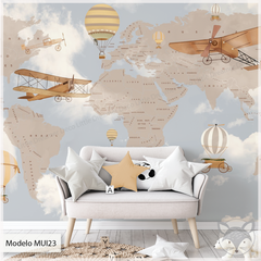 Mural infantil Mapa del Mundo Beige con Aviones y Globos - Modelo MUI23 - comprar online