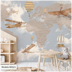 Mural infantil Mapa del Mundo Beige con Aviones y Globos - Modelo MUI23 en internet