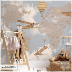 Mural infantil Mapa del Mundo Beige con Aviones y Globos - Modelo MUI23 - Little Dreamer Deco - vinilos decorativos infantiles