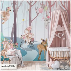 Mural infantil Bosque Encantado con Animales y Globos - Modelo MUI24