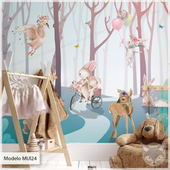 Mural infantil Bosque Encantado con Animales y Globos - Modelo MUI24 - Little Dreamer Deco - vinilos decorativos infantiles