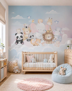 Mural infantil Mural Infantil de Animales Tiernos y Nubes - Modelo MUI25