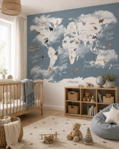 Mural infantil Mapa Azul Infantil con Animales del Mundo - Modelo MUI28