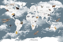 Mural infantil Mapa Azul Infantil con Animales del Mundo - Modelo MUI28 - tienda online