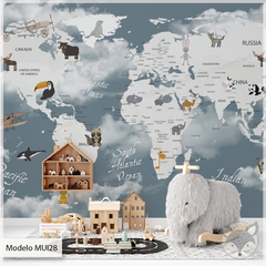 Mural infantil Mapa Azul Infantil con Animales del Mundo - Modelo MUI28 - comprar online