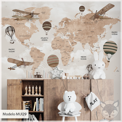 Mural infantil Mapa Vintage Beige con Globos y Aviones - Modelo MUI29 - comprar online