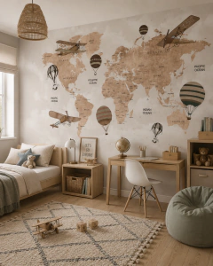 Mural infantil Mapa Vintage Beige con Globos y Aviones - Modelo MUI29