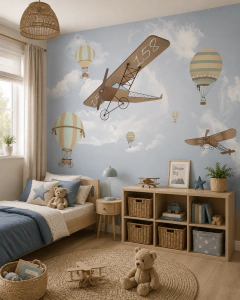 Mural infantil Avión Clásico con Globos y Cielo Azul - Modelo MUI30
