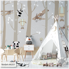 Mural infantil de pandas en bosque encantado, modelo MUI31. - comprar online