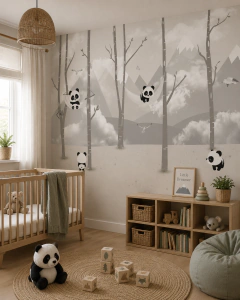 Mural pandas en bosque monocromático para habitaciones, modelo MUI35.