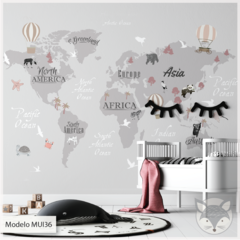 Mapa mundial decorativo con animales y globos, diseño infantil, modelo MUI36. - comprar online