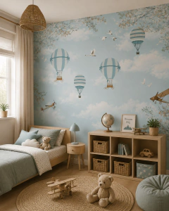 Vintage blue balloons in the sky mural, model MUI37.