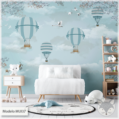 Mural de globos en el cielo con diseño vintage azul, modelo MUI37. - comprar online