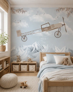 Mural Infantil Avión Vintage con Montañas Nevadas, Nubes, Gaviotas y Cielo Celeste MUI38