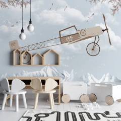 Mural Infantil Avión Vintage con Montañas Nevadas, Nubes, Gaviotas y Cielo Celeste MUI38 - Little Dreamer Deco - vinilos decorativos infantiles