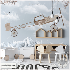 Mural Avión vintage en paisaje montañoso, decoración infantil, modelo MUI38. - comprar online