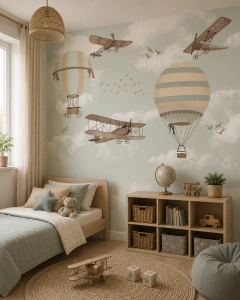 Hot air balloons and planes wall decor for kids, model MUI40.