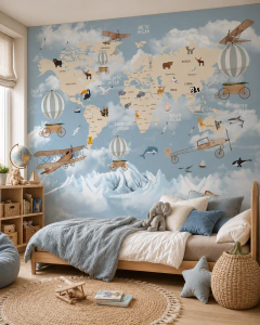 Mural infantil de vinilo, mapa educativo con animales, Modelo MUI42.
