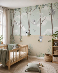 Mural infantil de vinilo, bosque con koalas y naturaleza, Modelo MUI43.