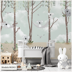 Mural infantil de vinilo, bosque con koalas y naturaleza, Modelo MUI43.